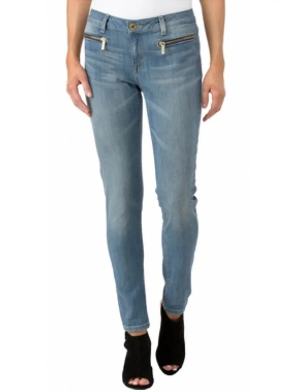 Michael Kors Izzy Skinny Jeans Blue Size 10 Gold Zip Pocket Stretch Denim